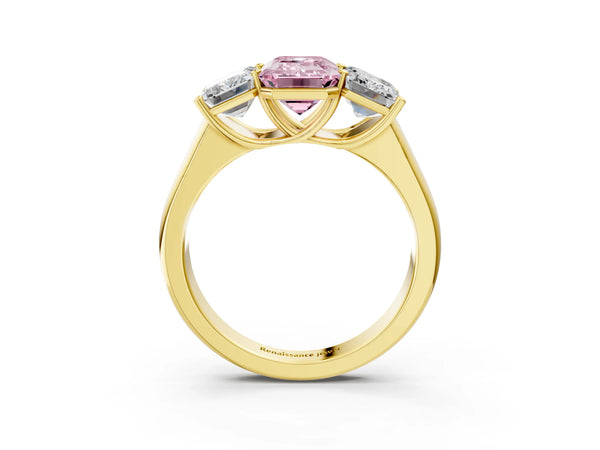 Yellow gold Fancy Pink Emerald Cut Three-Stone Diamond Ring with Prong Setting on a Classic Band
