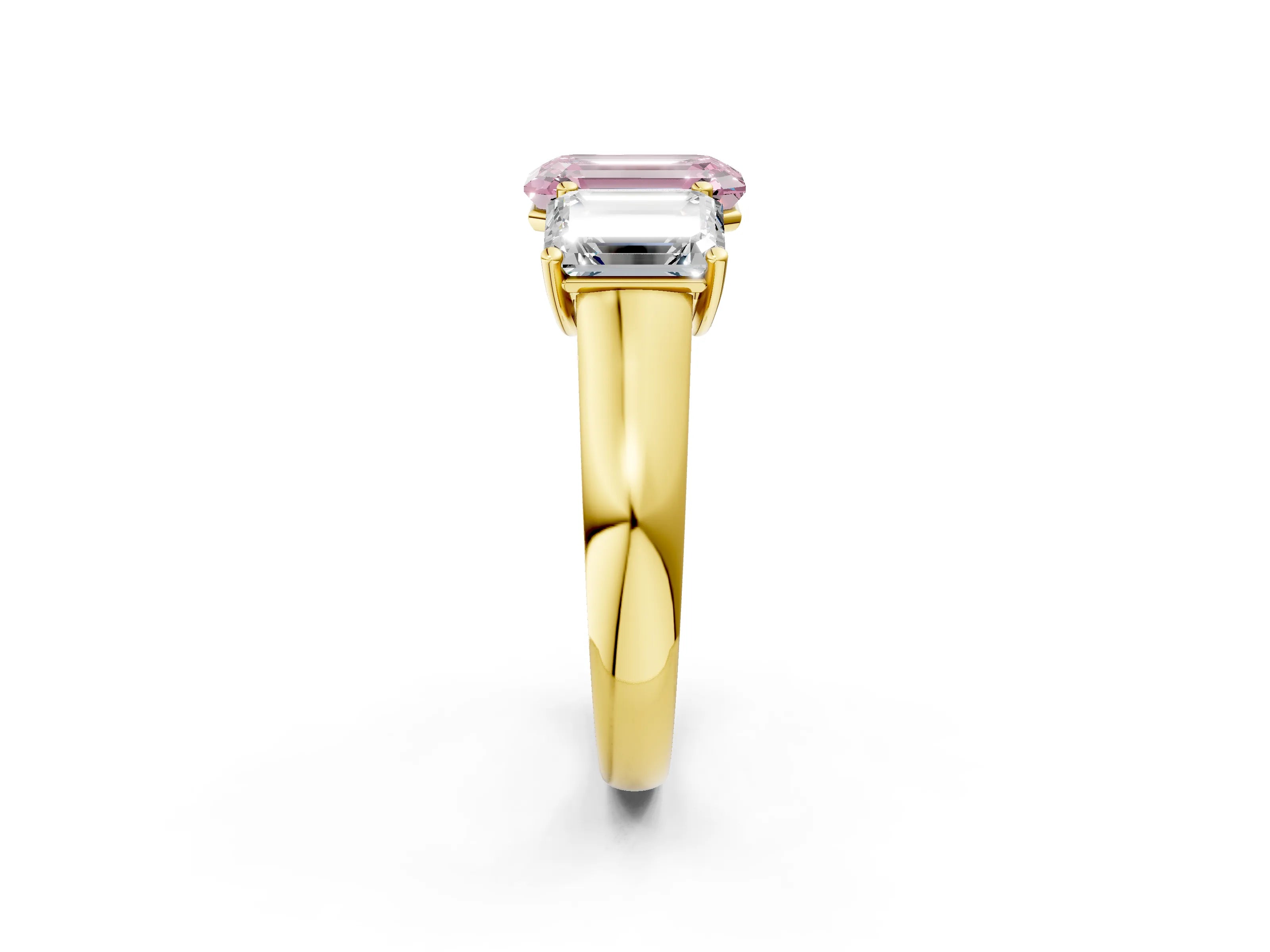 Yellow gold Fancy Pink Emerald Cut Three-Stone Diamond Ring with Prong Setting on a Classic Band_2