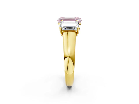 Yellow gold Fancy Pink Emerald Cut Three-Stone Diamond Ring with Prong Setting on a Classic Band_2