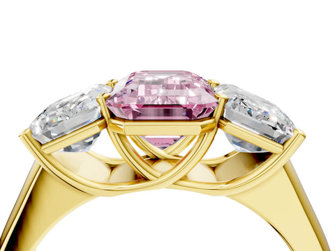 Yellow gold Fancy Pink Emerald Cut Three-Stone Diamond Ring with Prong Setting on a Classic Band_4