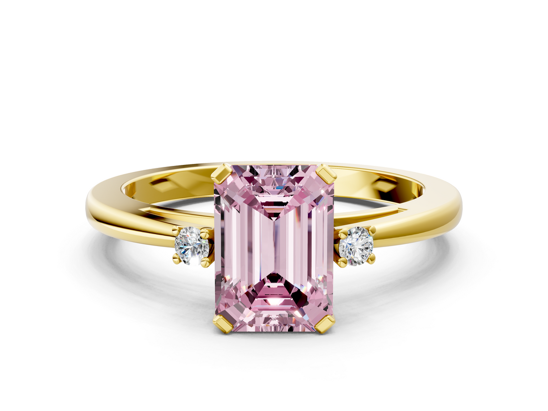 Yellow gold Fancy Pink Emerald  Cut Three-Stone Solitaire Ring with Round Accent Diamonds and Four-Prong Setting_20
