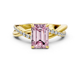 Yellow gold Fancy Pink Emerald  Cut Twist Band Solitaire Diamond Ring with Pavé Setting_3