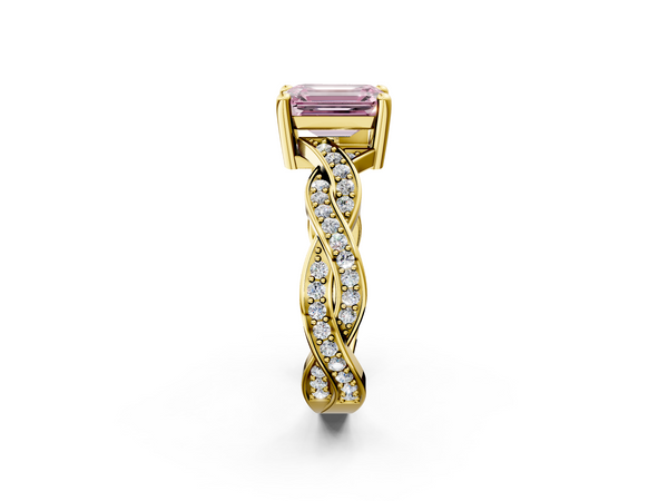 Yellow gold Fancy Pink Emerald  Cut Twisted Pavé Band Solitaire Ring with Four-Prong Setting