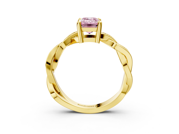 Yellow gold Fancy Pink Emerald  Cut Twisted Pavé Band Solitaire Ring with Four-Prong Setting