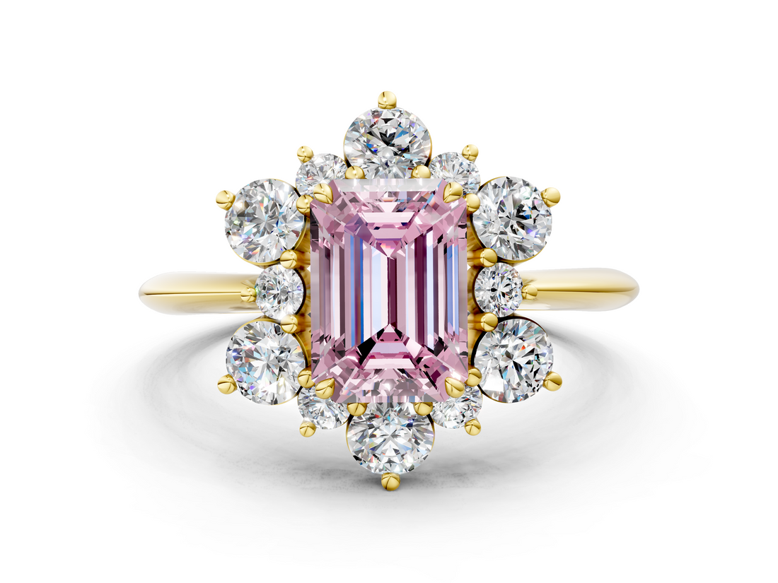 Yellow gold Fancy Pink Emerald  Diamond Cluster Halo Ring with Solitaire Band and Four-Prong Setting_20