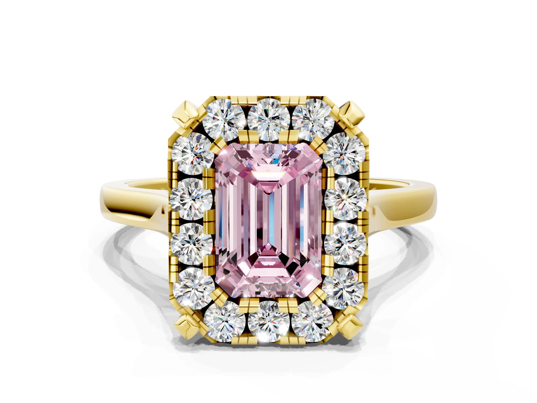 Yellow gold Fancy Pink Emerald  Diamond Cluster Halo Solitaire with Four-Prong Setting_93