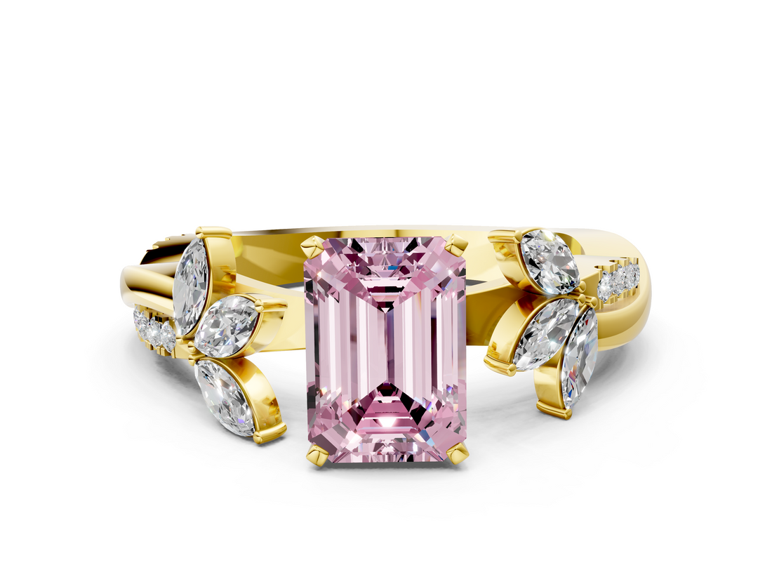 Yellow gold Fancy Pink Emerald  Diamond Floral Vine Solitaire Engagement Ring_3