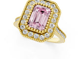 Yellow gold Fancy Pink Emerald  Diamond Halo Ring with Milgrain Frame and Pavé Band 1