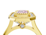 Yellow gold Fancy Pink Emerald  Diamond Halo Ring with Milgrain Frame and Pavé Band 4