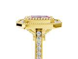 Yellow gold Fancy Pink Emerald  Diamond Halo Ring with Milgrain Frame and Pavé Band 5