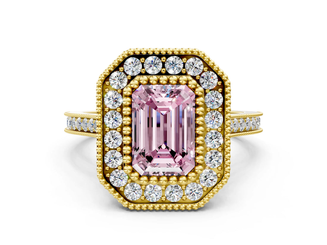 Yellow gold Fancy Pink Emerald  Diamond Halo Ring with Milgrain Frame and Pavé Band