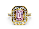 Yellow gold Fancy Pink Emerald  Diamond Halo Ring with Milgrain Frame and Pavé Band