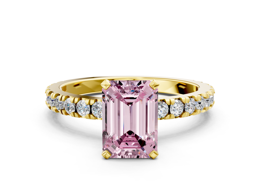 Yellow gold Fancy Pink Emerald  Diamond Pavé Band Solitaire with Four-Prong Setting_208