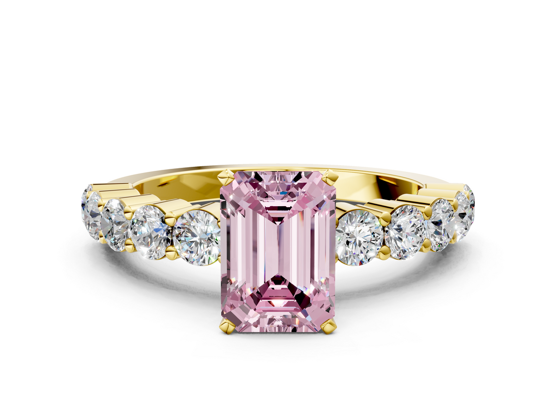 Yellow gold Fancy Pink Emerald  Diamond Pavé Band Solitaire with Four-Prong Setting_3