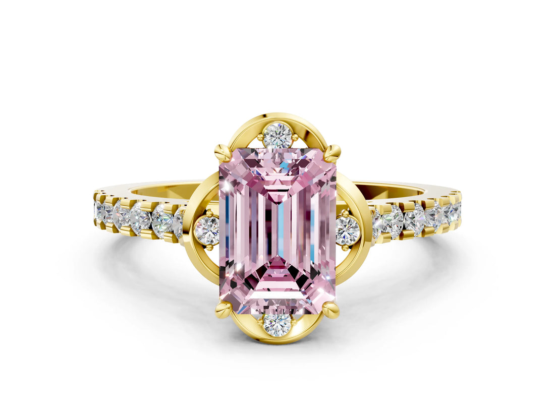 Yellow gold Fancy Pink Emerald  Diamond Pave Band with Floral Prong Setting_27