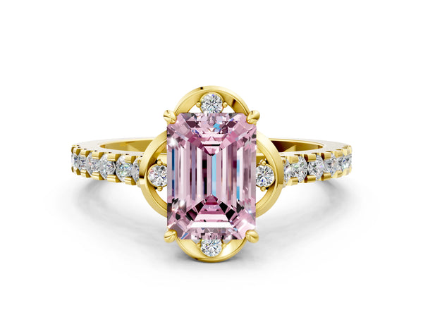 Yellow Gold Emerald Cut Floral Petal Pave Engagement Ring Setting for Fancy Pink Center