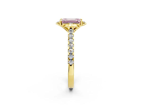 Yellow Gold Emerald Cut Floral Petal Pave Engagement Ring Setting for Fancy Pink Center