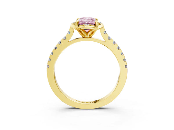 Yellow Gold Emerald Cut Floral Petal Pave Engagement Ring Setting for Fancy Pink Center