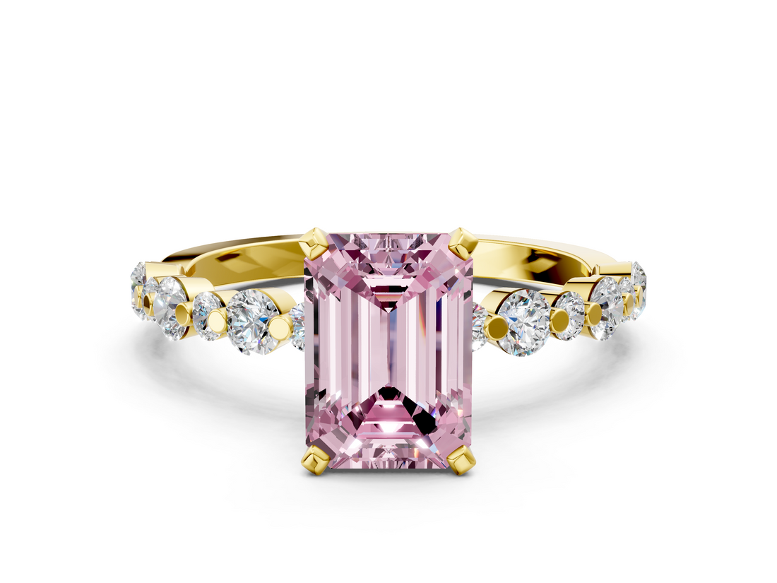 Yellow gold Fancy Pink Emerald  Diamond Prong Set Engagement Ring with Pave Band_204
