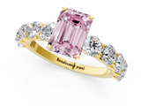 Yellow gold Fancy Pink Emerald  Diamond Prong Setting with Side Stones on a Pave Band_131