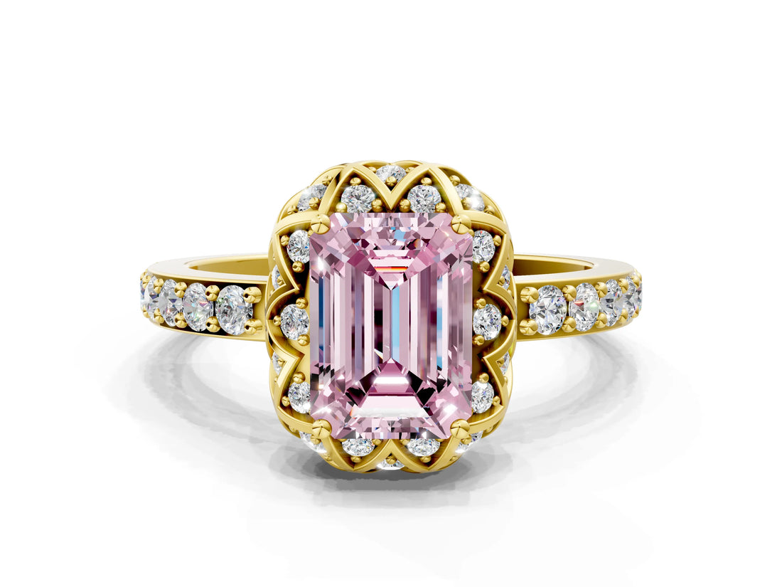 Yellow gold Fancy Pink Emerald  Diamond Solitaire Ring with Shared Prong Pavé Band_63