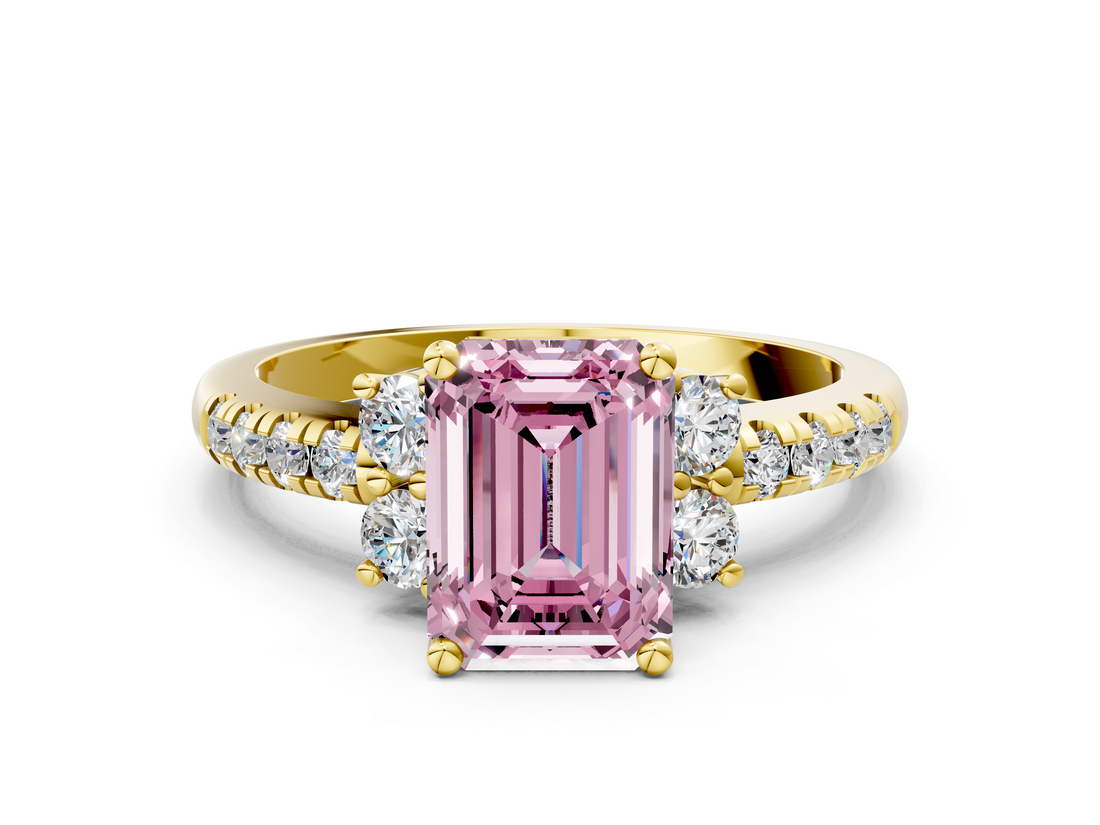 Yellow gold Fancy Pink Emerald  Diamond Three-Stone Pave Band with Four-Prong Setting_20