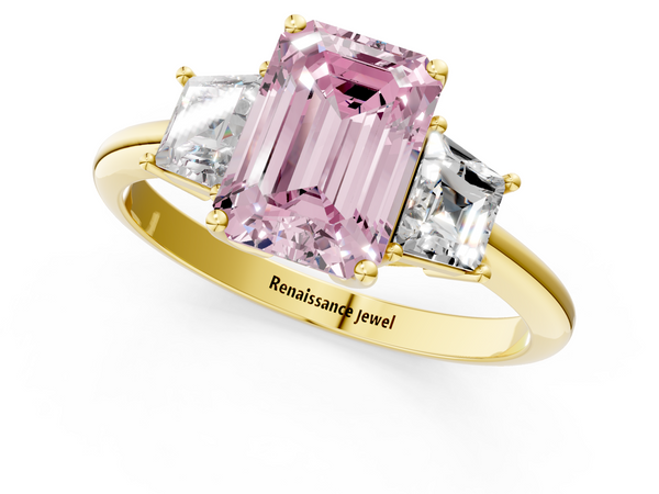 Yellow gold Fancy Pink Emerald  Diamond Three-Stone Ring with Trapezoid Side Stones and Prong Setting