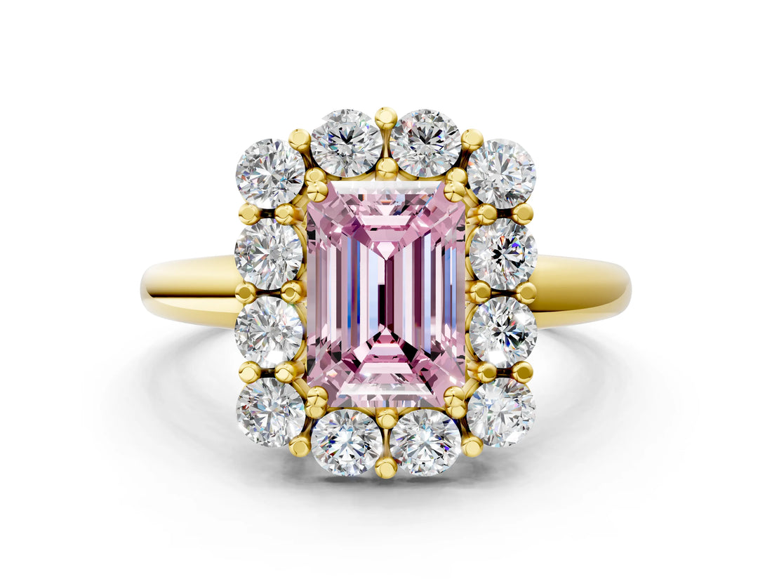 Yellow gold Fancy Pink Emerald  Halo Cluster Diamond Engagement Ring with Prong Setting and Polished Band_20