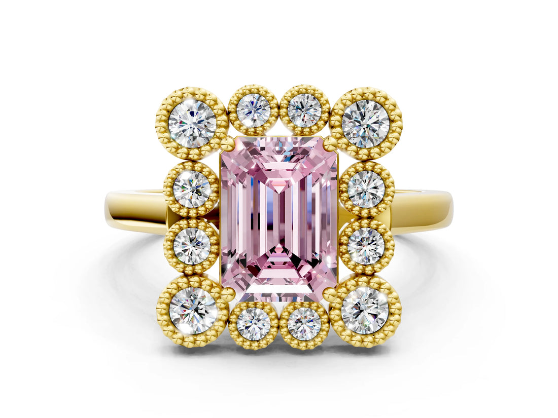 Yellow gold Fancy Pink Emerald  Halo Diamond Cluster Engagement Ring with Milgrain Bezel Setting and Solitaire Band_27