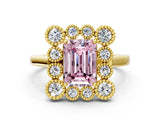 Yellow gold Fancy Pink Emerald  Halo Diamond Cluster Engagement Ring with Milgrain Bezel Setting and Solitaire Band_27