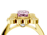 Yellow gold Fancy Pink Emerald  Halo Diamond Cluster Engagement Ring with Milgrain Bezel Setting and Solitaire Band_31