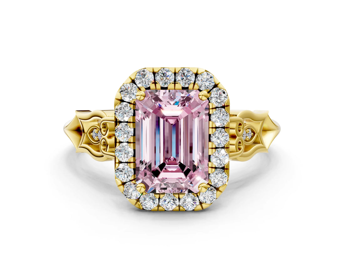 Yellow gold Fancy Pink Emerald  Halo Diamond Engagement Ring with Filigree Band and Four-Prong Setting_81