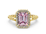 Yellow gold Fancy Pink Emerald  Halo Diamond Engagement Ring with Intricate Filigree Band and Four-Prong Setting_37