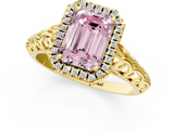Yellow gold Fancy Pink Emerald  Halo Diamond Engagement Ring with Intricate Filigree Band and Four-Prong Setting_38
