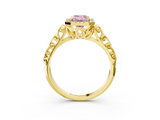 Yellow gold Fancy Pink Emerald  Halo Diamond Engagement Ring with Intricate Filigree Band and Four-Prong Setting_40
