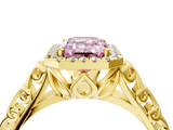 Yellow gold Fancy Pink Emerald  Halo Diamond Engagement Ring with Intricate Filigree Band and Four-Prong Setting_41