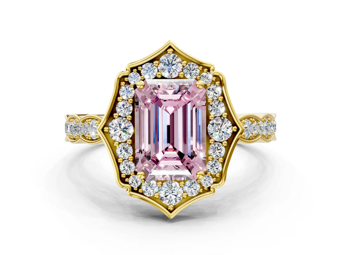 Yellow gold Fancy Pink Emerald  Halo Diamond Engagement Ring with Milgrain Band and Four-Prong Setting_70