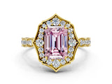 Yellow gold Fancy Pink Emerald  Halo Diamond Engagement Ring with Milgrain Band and Four-Prong Setting_70