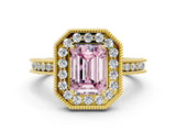 Yellow gold Fancy Pink Emerald  Halo Diamond Engagement Ring with Milgrain Pave Band and Four-Prong Setting_12