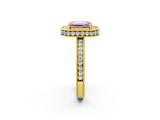 Yellow gold Fancy Pink Emerald  Halo Diamond Engagement Ring with Milgrain Pave Band and Four-Prong Setting_14