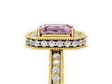 Yellow gold Fancy Pink Emerald  Halo Diamond Engagement Ring with Milgrain Pave Band and Four-Prong Setting_17