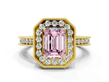 Yellow gold Fancy Pink Emerald  Halo Diamond Engagement Ring with Milgrain Pave Band and Four-Prong Setting_38