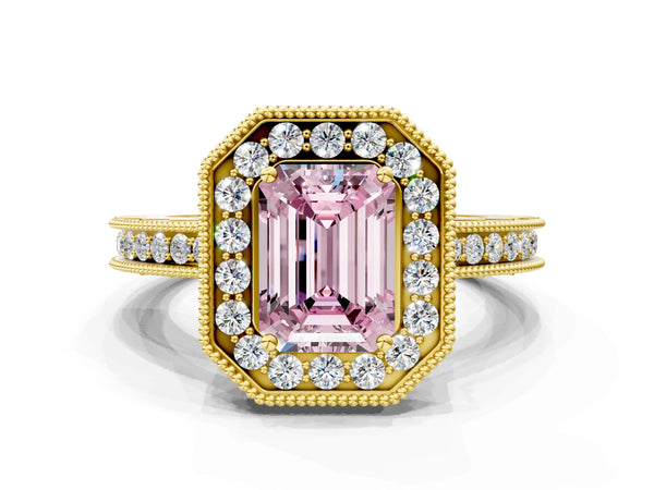 Yellow gold Fancy Pink Emerald  Halo Diamond Engagement Ring with Milgrain Pave Band and Four-Prong Setting