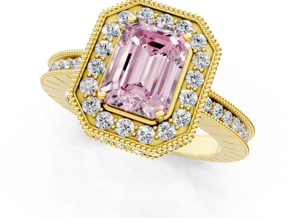 Yellow gold Fancy Pink Emerald  Halo Diamond Engagement Ring with Milgrain Pave Band and Four-Prong Setting
