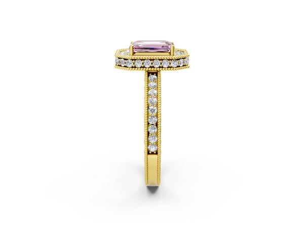 Yellow gold Fancy Pink Emerald  Halo Diamond Engagement Ring with Milgrain Pave Band and Four-Prong Setting