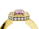 Yellow gold Fancy Pink Emerald  Halo Diamond Engagement Ring with Milgrain Pave Band and Four-Prong Setting_42