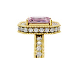 Yellow gold Fancy Pink Emerald  Halo Diamond Engagement Ring with Milgrain Pave Band and Four-Prong Setting_43