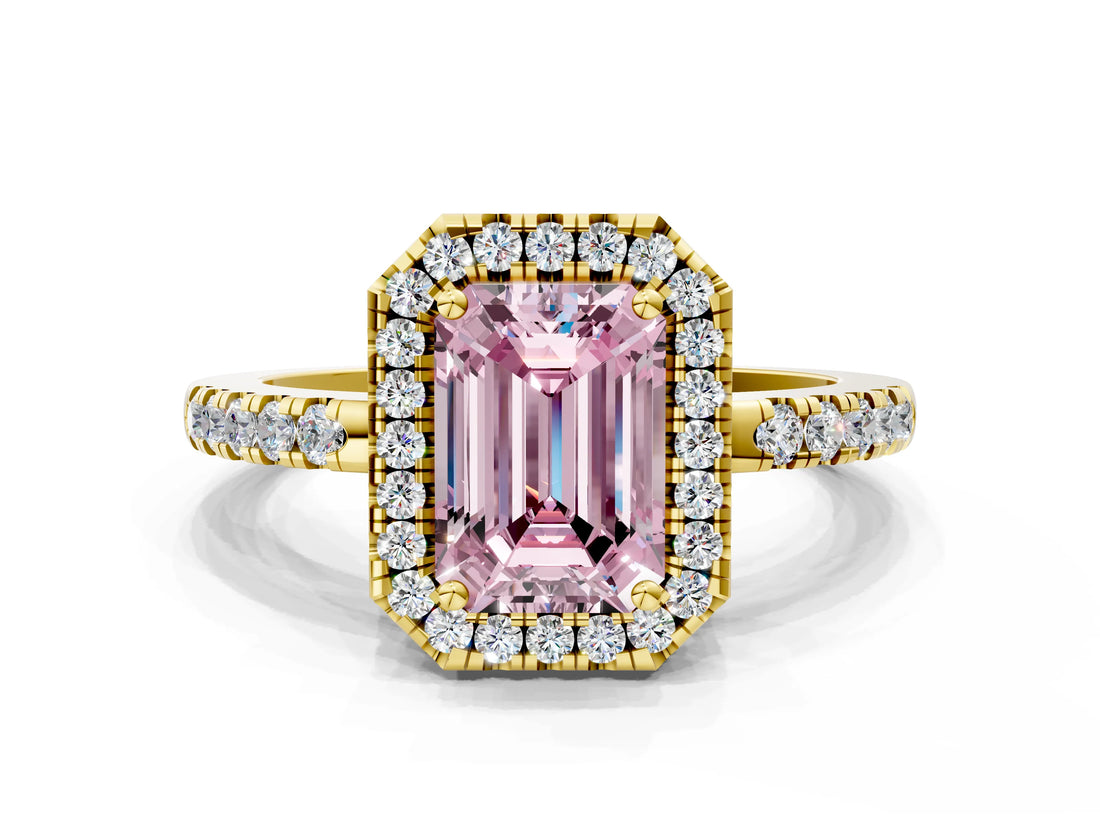 Yellow gold Fancy Pink Emerald  Halo Diamond Engagement Ring with Pavé Band and Four-Prong Setting_57
