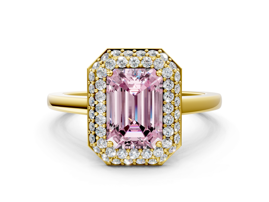 Yellow gold Fancy Pink Emerald  Halo Diamond Engagement Ring with Solitaire Band and Four-Prong Setting_20