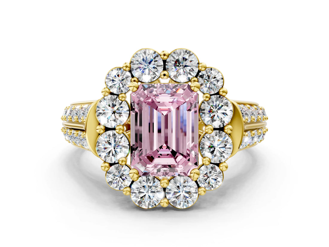 Yellow gold Fancy Pink Emerald  Halo Diamond Engagement Ring with Split Shank and Prong Setting_66